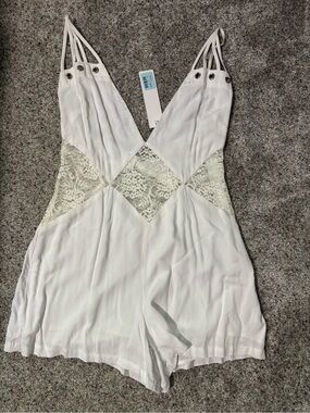 Millau White Lace-Panel Romper Chemise